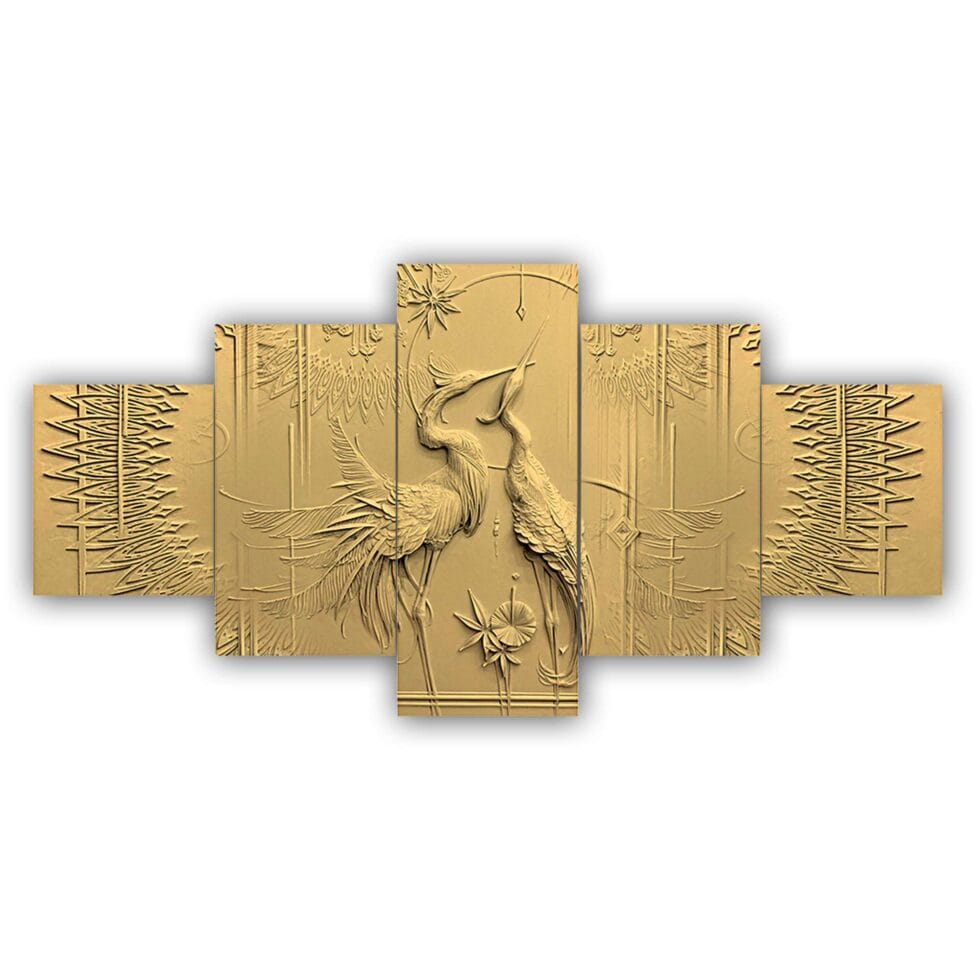 Golden embossed crane pair digital canvas painting – stylish wall decor for luxury interiors.