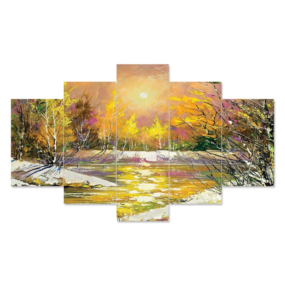 Abstract golden forest digital canvas painting – stylish modern wall decor for bedroom or gifting.
