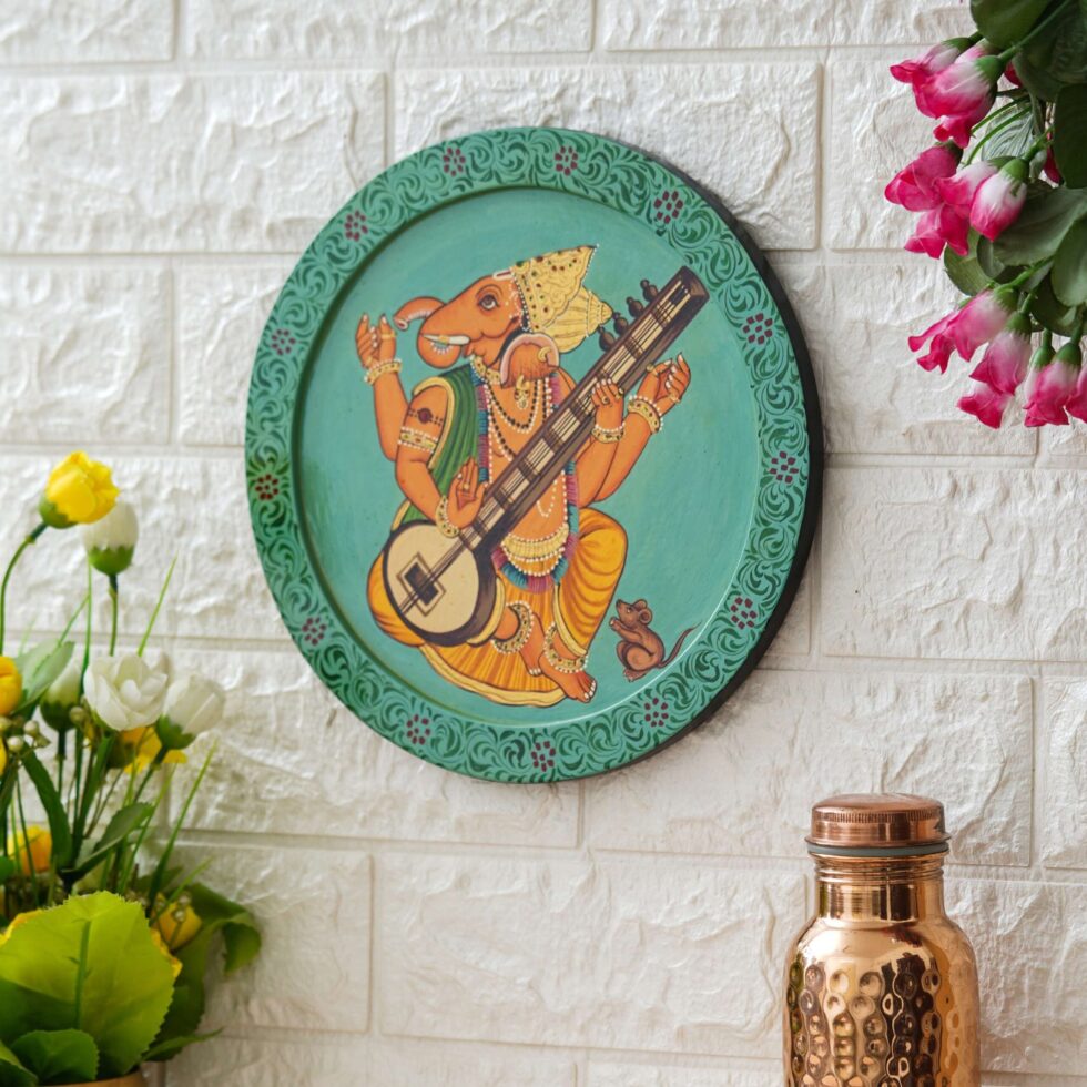Artistic musical Ganesha digital wall painting – devotional Indian art decor symbolizing creativity and wisdom.