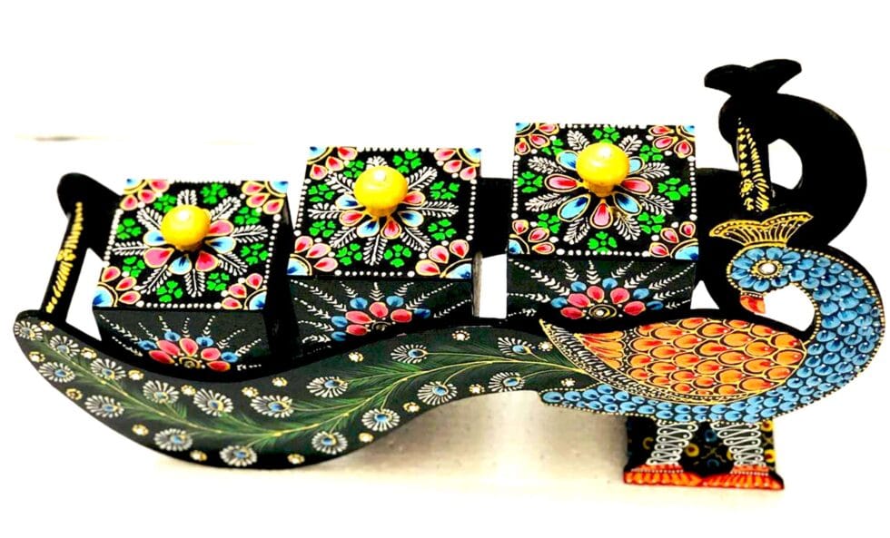 Decorative peacock design wooden box – artistic hand-painted storage for home decor