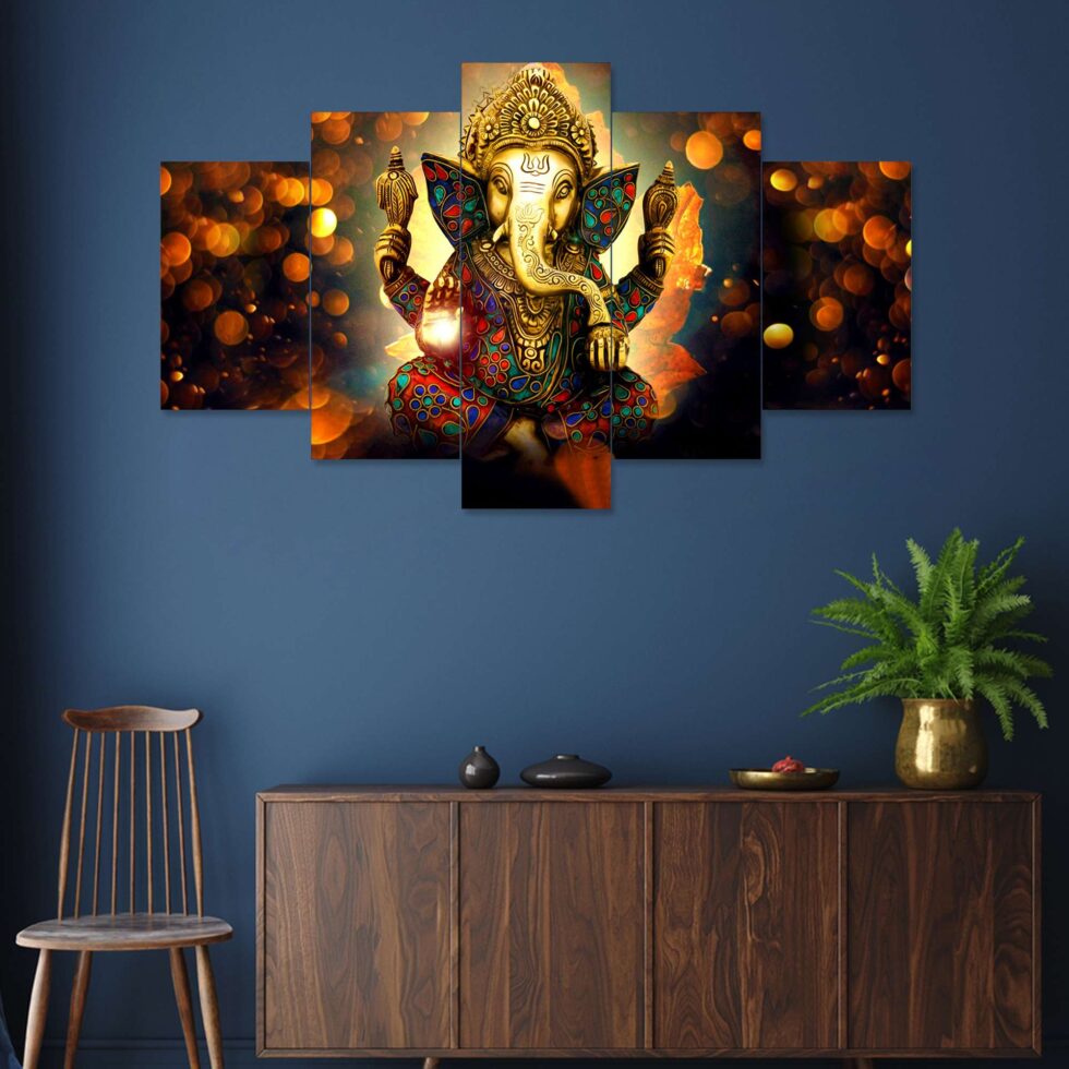 Elegant golden Ganesha digital canvas painting – contemporary wall decor symbolizing peace and prosperity.