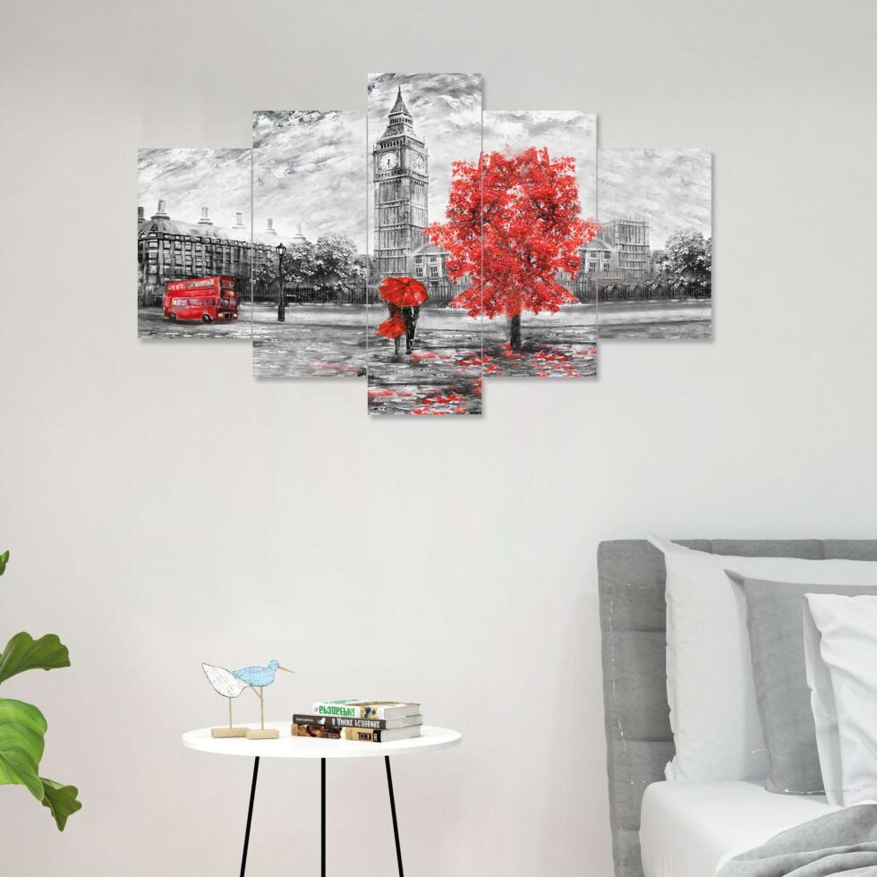 Black and white cityscape digital wall art with red accents – stylish modern wall decor for home interiors.