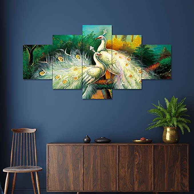 Colorful nature-inspired peacock couple digital canvas painting – luxury art decor for bedroom or gifting.