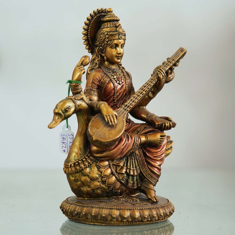 Artisan-crafted brass Saraswati Devi sculpture, elegant handmade decor for festive interiors