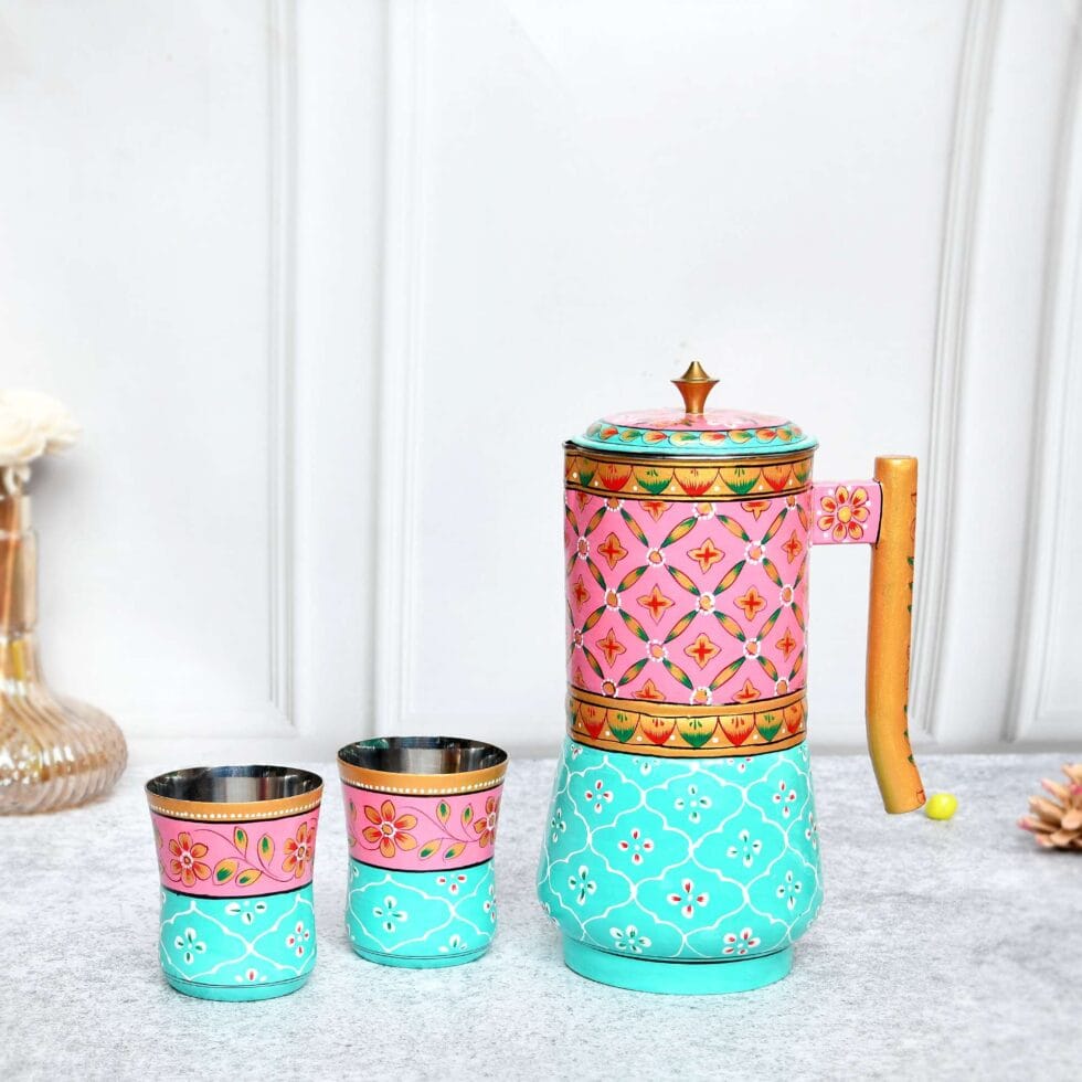 Festive Diwali hand-painted steel jug and cup set, ideal for gifting and kitchen use
