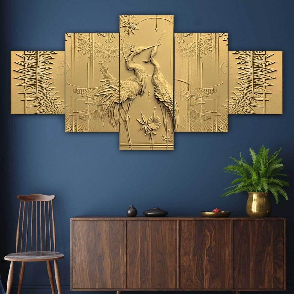 Modern 3D golden bird couple digital wall painting – premium art decor for living room or gifting.