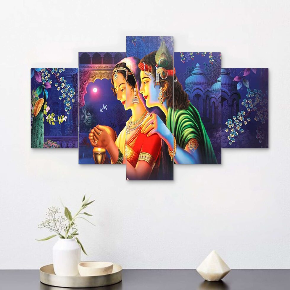 Beautiful Radha Krishna digital wall painting under moonlight – spiritual Indian art decor for living room.