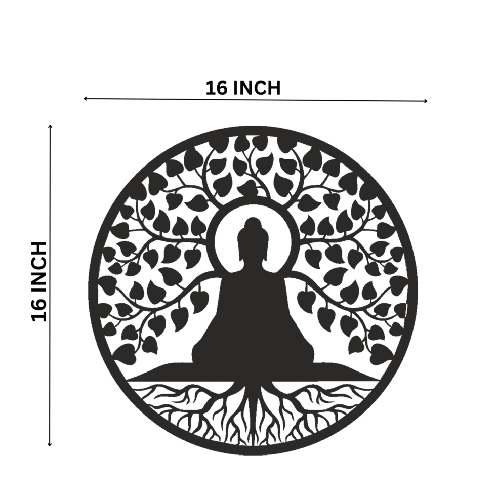 Round black metal artwork featuring meditating Buddha and tree design.