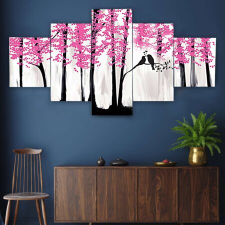 Minimalist nature-inspired digital wall painting – pink floral forest art decor for living room or hallway.