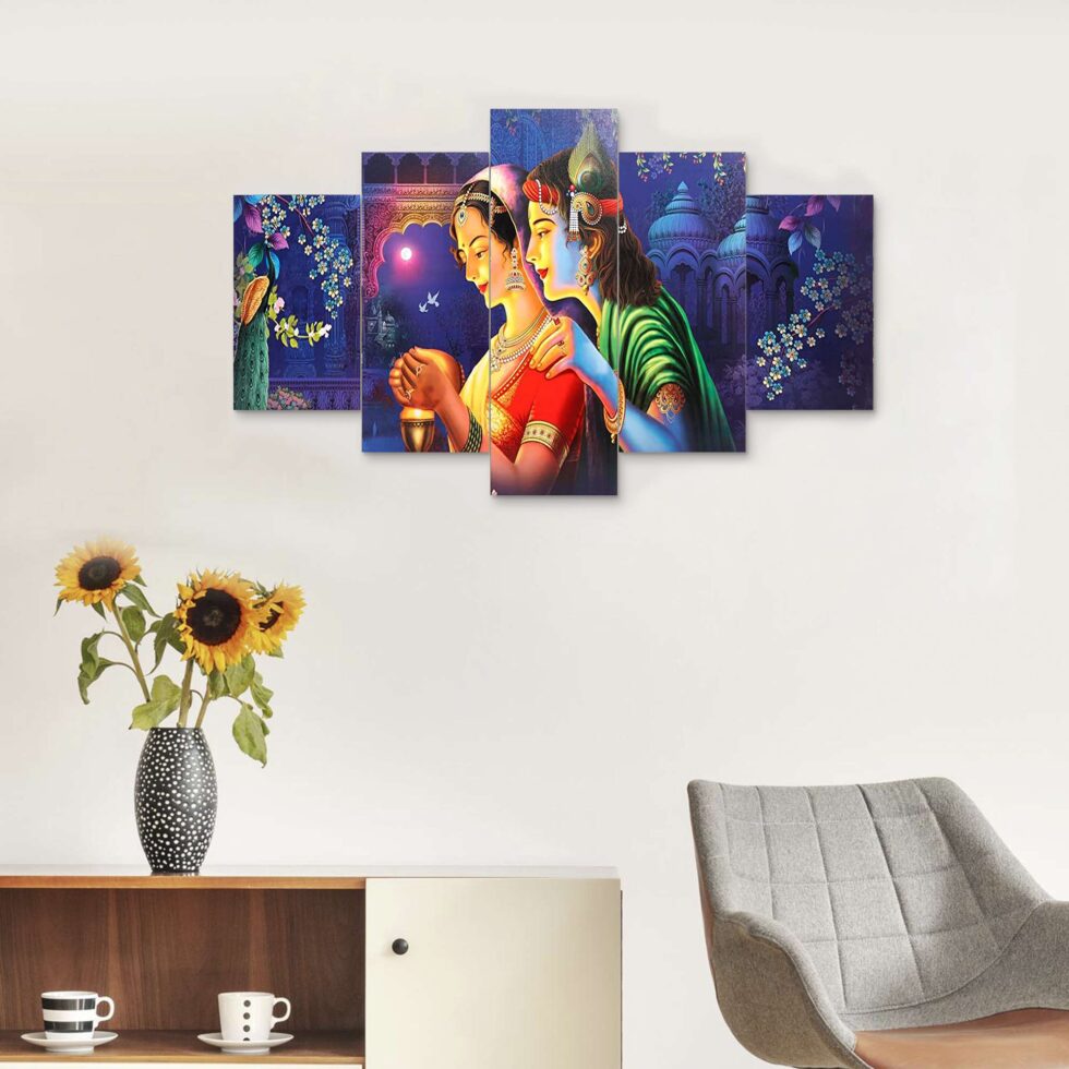 Divine Radha Krishna night scene digital wall art – traditional devotional decor for home or temple.