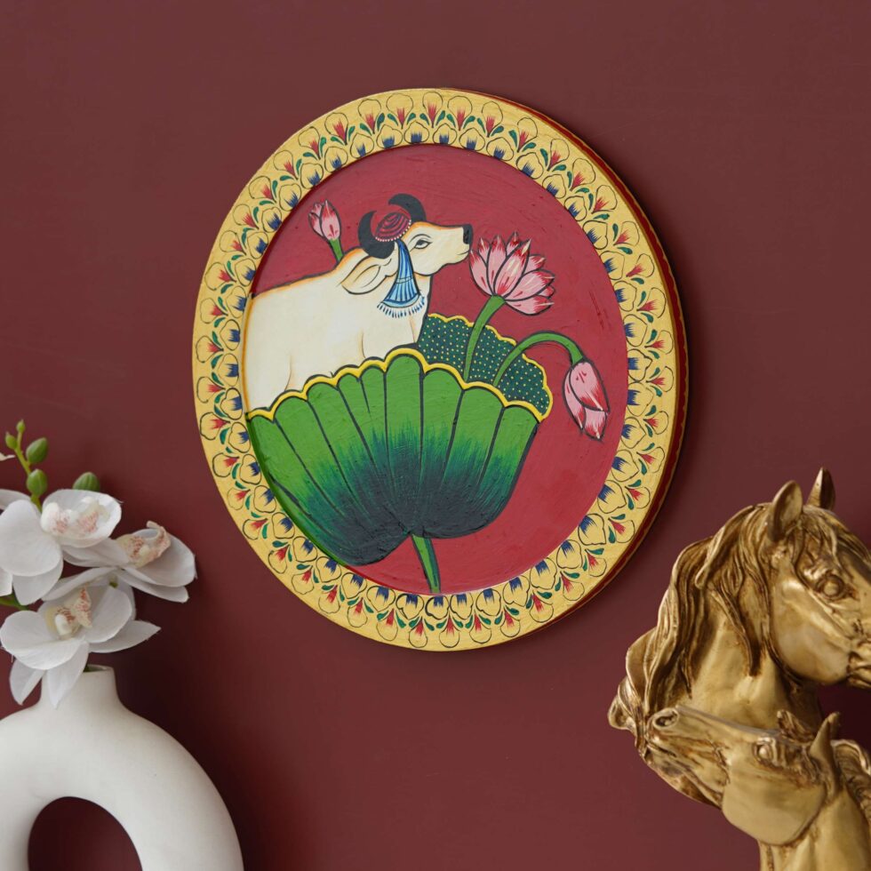 Handcrafted Pichwai-style cow and lotus digital wall painting – cultural art decor for home interiors.
