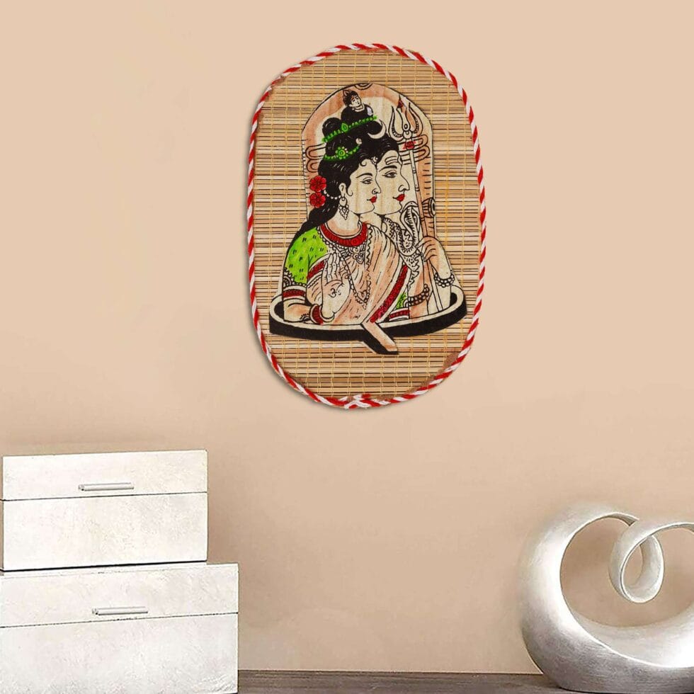 Handmade bamboo wall hanging with Shiva Parvati artwork, traditional Indian Diwali home decor