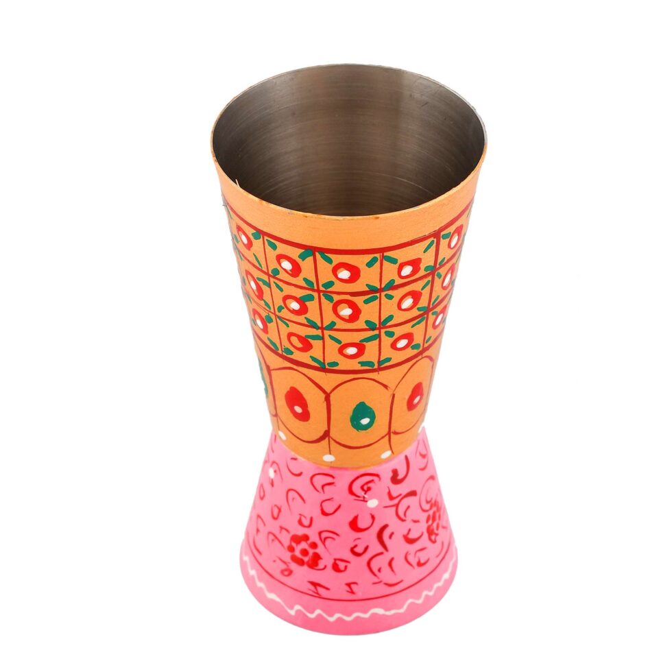 Traditional Indian art aluminium tumbler with pink and yellow patterns