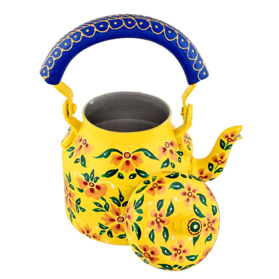 Festive Diwali hand-painted yellow steel kettle, ideal for kitchen use and gifting