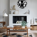 Black and white metal wall art clock for modern living room decor.
