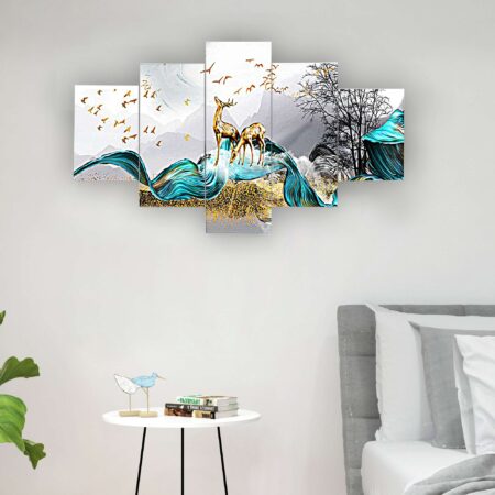 Stunning golden deer couple digital wall painting with blue and gold abstract waves – modern art decor for home and gifting.