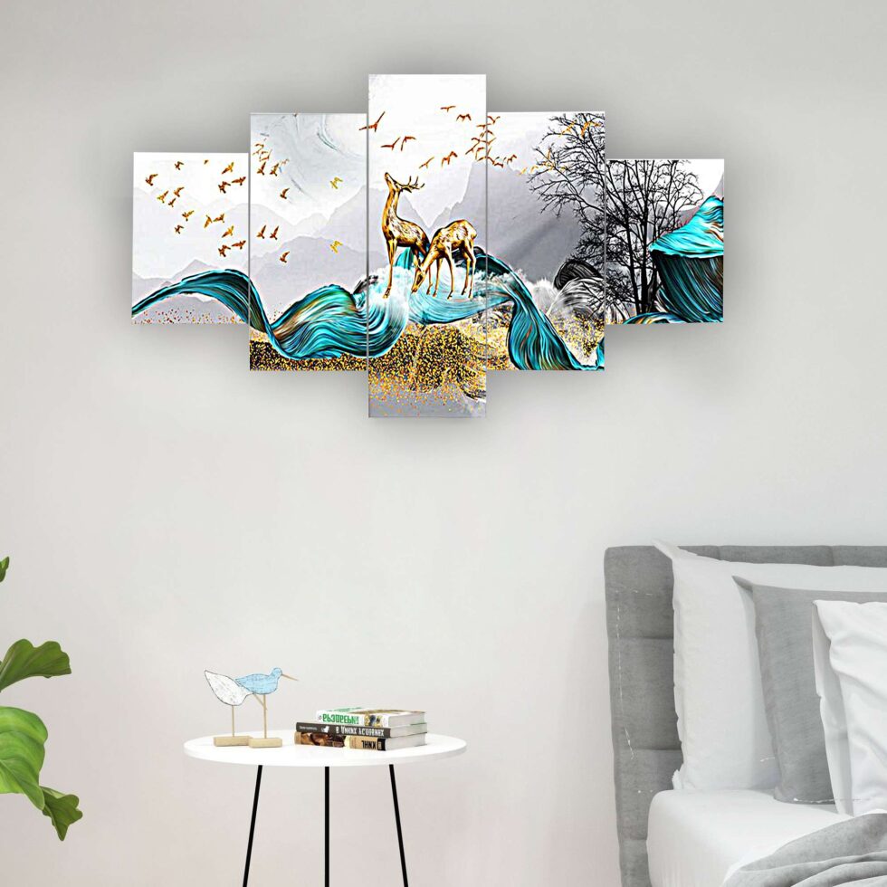 Stunning golden deer couple digital wall painting with blue and gold abstract waves – modern art decor for home and gifting.