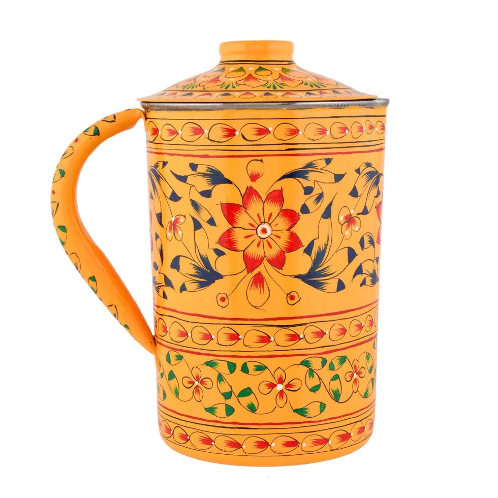 Festive Diwali hand-painted yellow steel jug, perfect for gifting and home decor