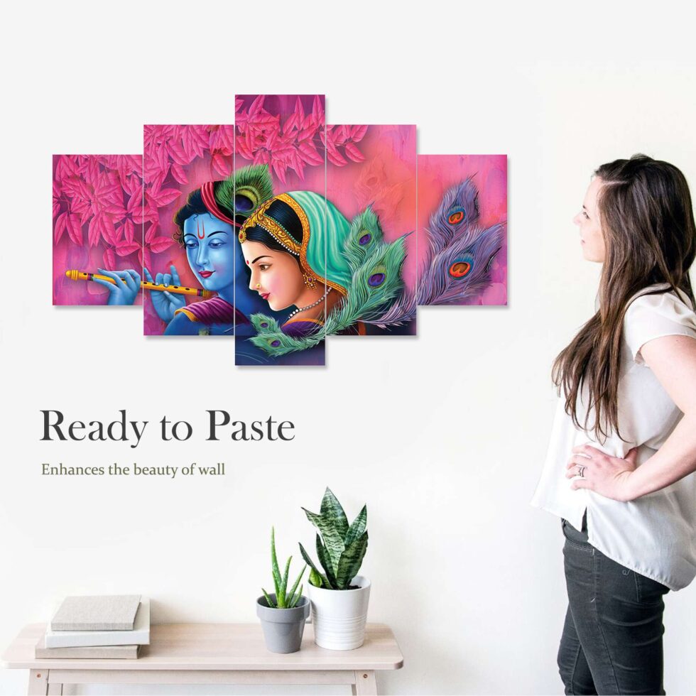 Beautiful Radha Krishna digital wall art on pink background – modern devotional decor for home interiors.