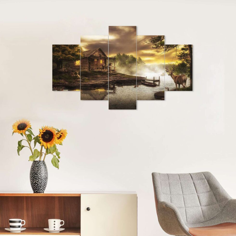 Scenic digital wall painting of lakeside cabin and deer – modern nature art decor for living room.