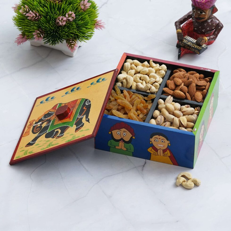 Folk art inspired Indian wooden box with elephant painting and Namaste figures, handmade decorative multipurpose box.