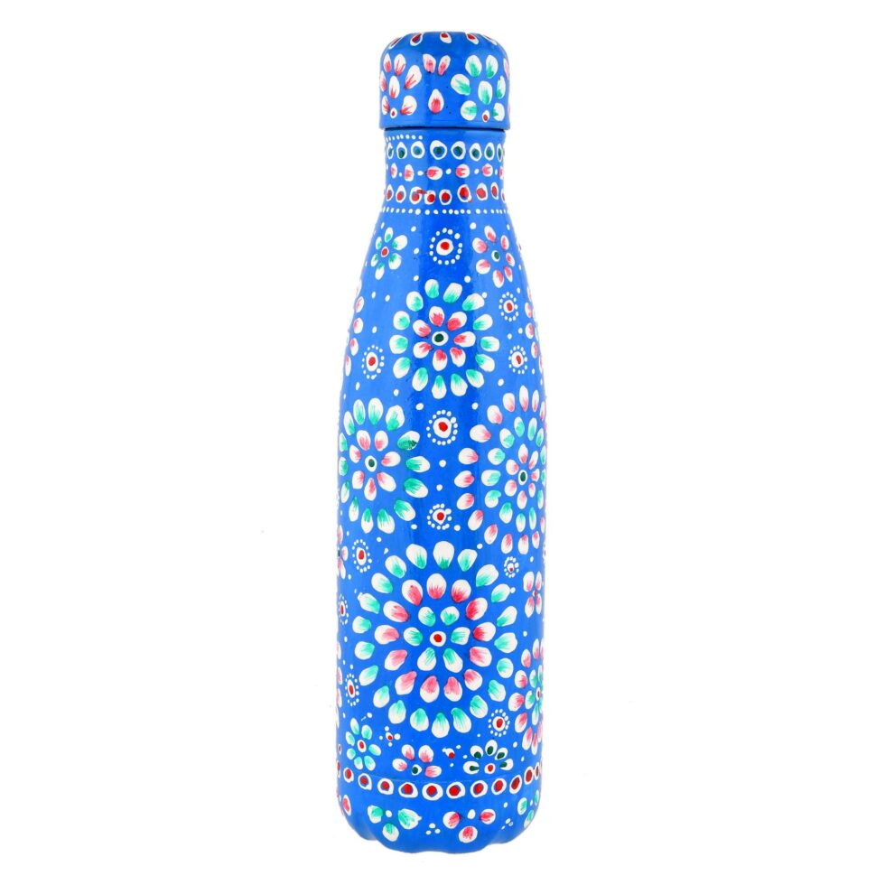 Decorative blue aluminium bottle featuring intricate hand-painted multicolor floral patterns