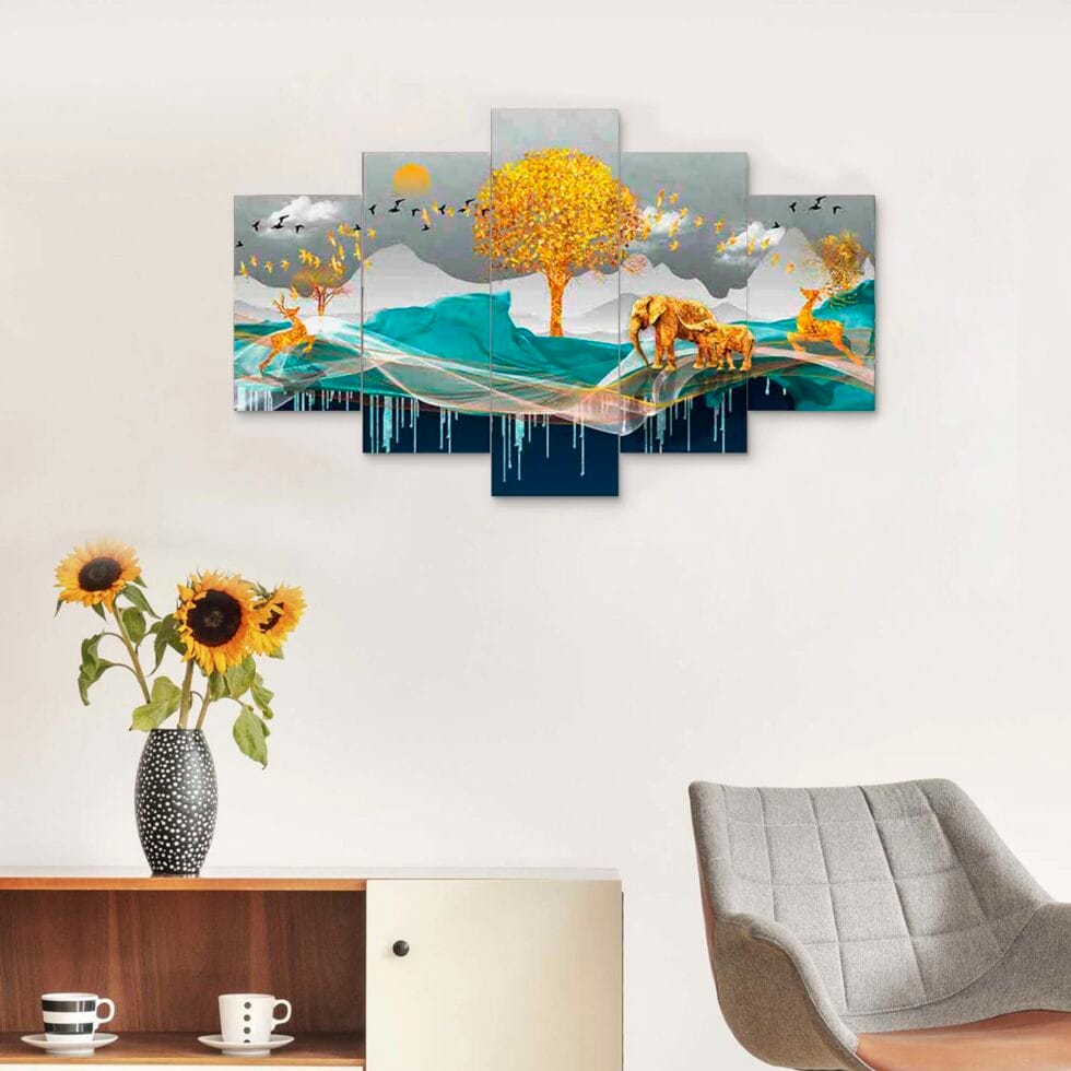 Modern abstract digital wall painting of golden elephants and tree – luxury art decor for living room.