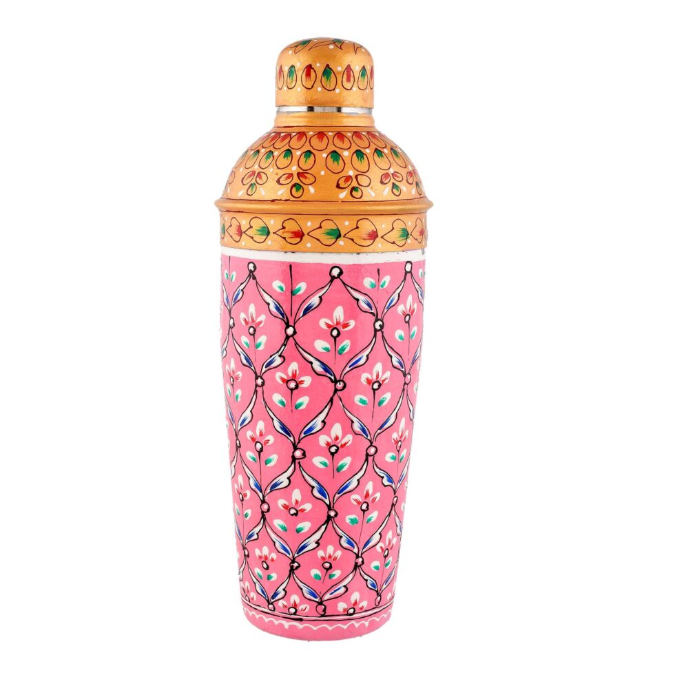 Elegant pink and gold aluminium cocktail shaker with ethnic floral motifs
