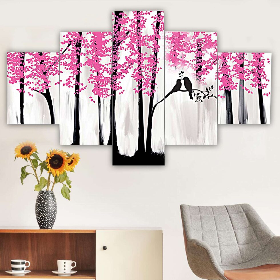 Beautiful pink tree and love birds digital canvas painting – stylish modern wall decor for gifting.