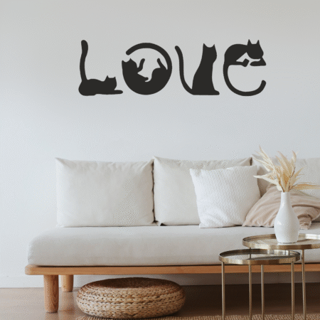 Modern cat-inspired LOVE metal wall art for cute home decoration.