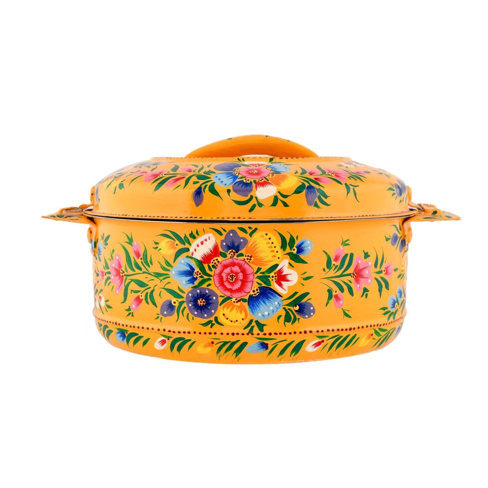 Ethnic Indian hand-painted steel hot pot with floral motifs, perfect for home decor