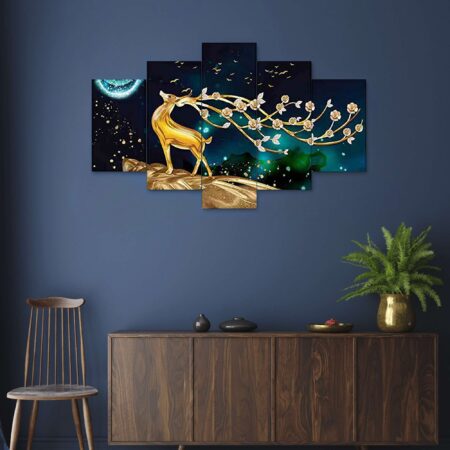 Stunning golden deer digital wall painting – modern Indian art decor for stylish home decor.