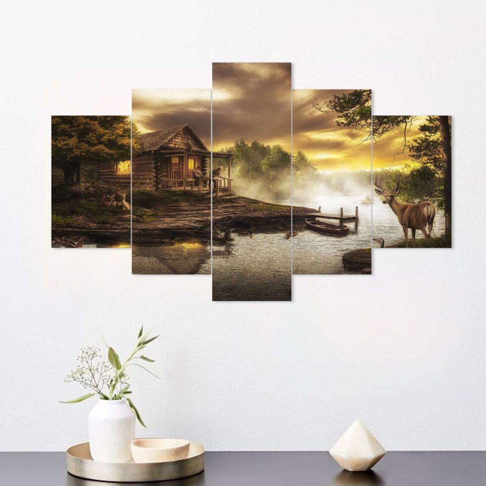 Serene sunset landscape digital wall art with forest and river view – perfect home decor piece.