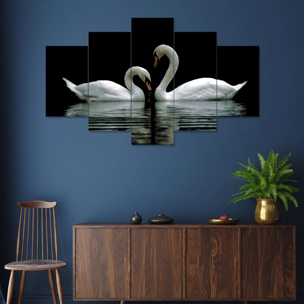 Minimalist black background swan couple digital wall painting – luxury art decor for modern homes.