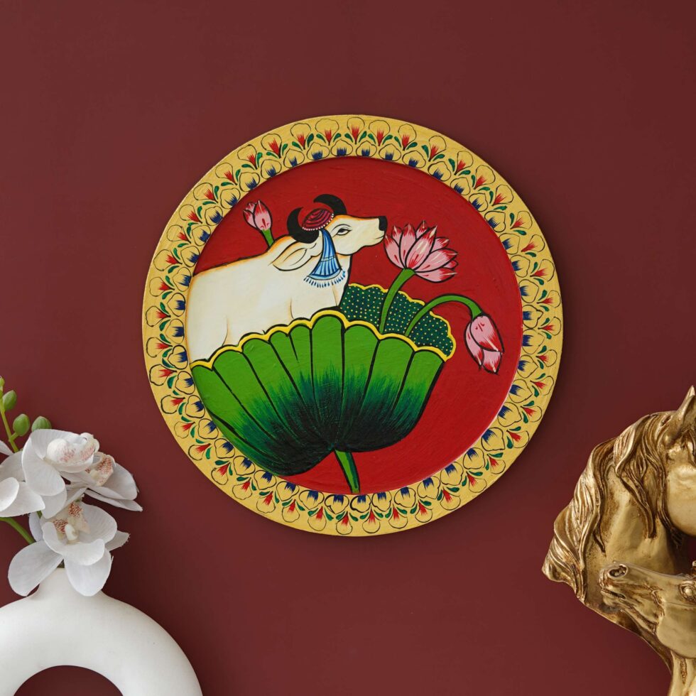 Exquisite handmade-style Pichwai painting – devotional cow and lotus art decor for temple or living room.