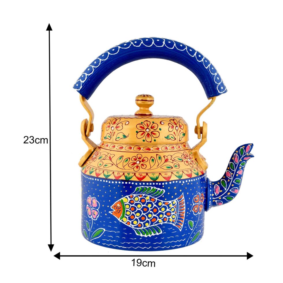 Hand-painted blue and yellow stainless steel kettle with traditional Indian fish art design