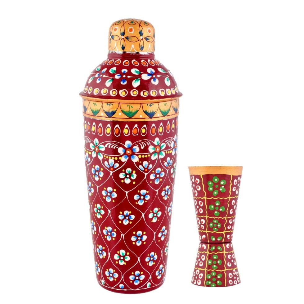 Traditional Rajasthani design aluminium cocktail shaker with matching glass