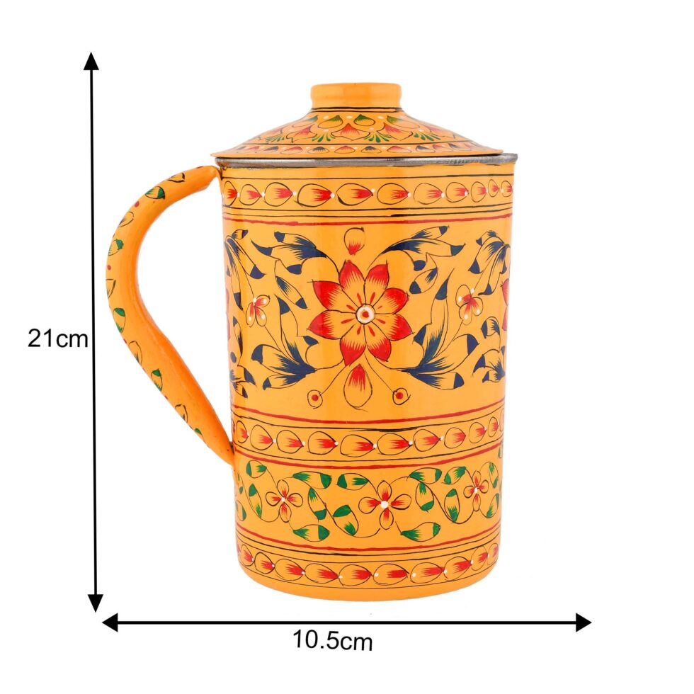 Hand-painted yellow stainless steel jug with floral Indian art design and lid