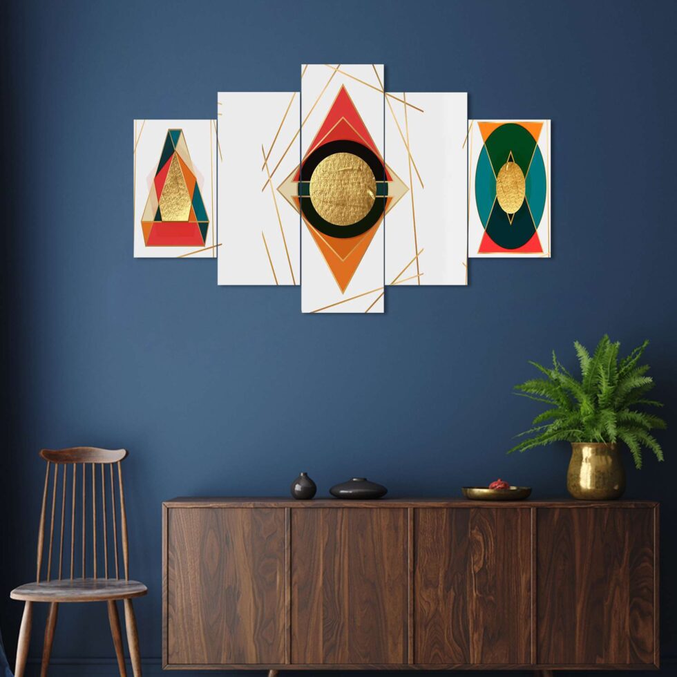Abstract gold and color block digital wall painting – modern Indian art decor for sophisticated interiors.