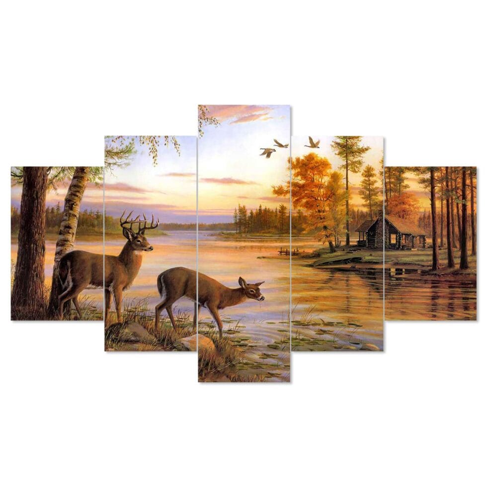 Peaceful sunset scenery with deer near lake – digital wall painting for rustic and elegant interiors.