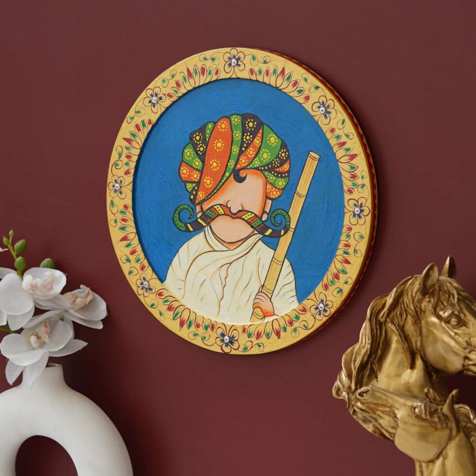 Vibrant folk art painting of Rajasthani man – cultural Indian wall decor for living room or hallway.