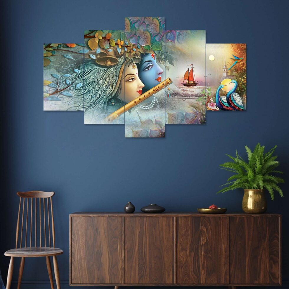 Beautiful Radha Krishna with peacock and boat digital canvas painting – devotional wall decor for interiors.