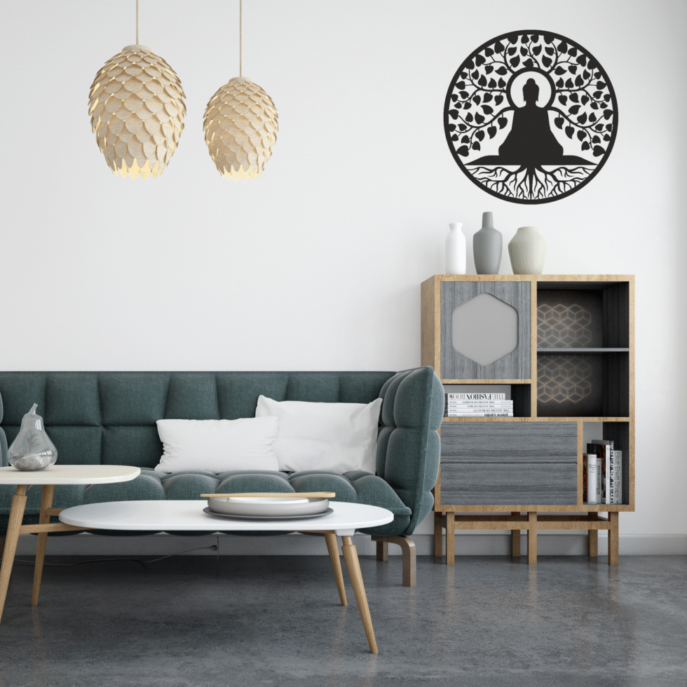 Buddha metal wall art under Bodhi tree for spiritual home decor.