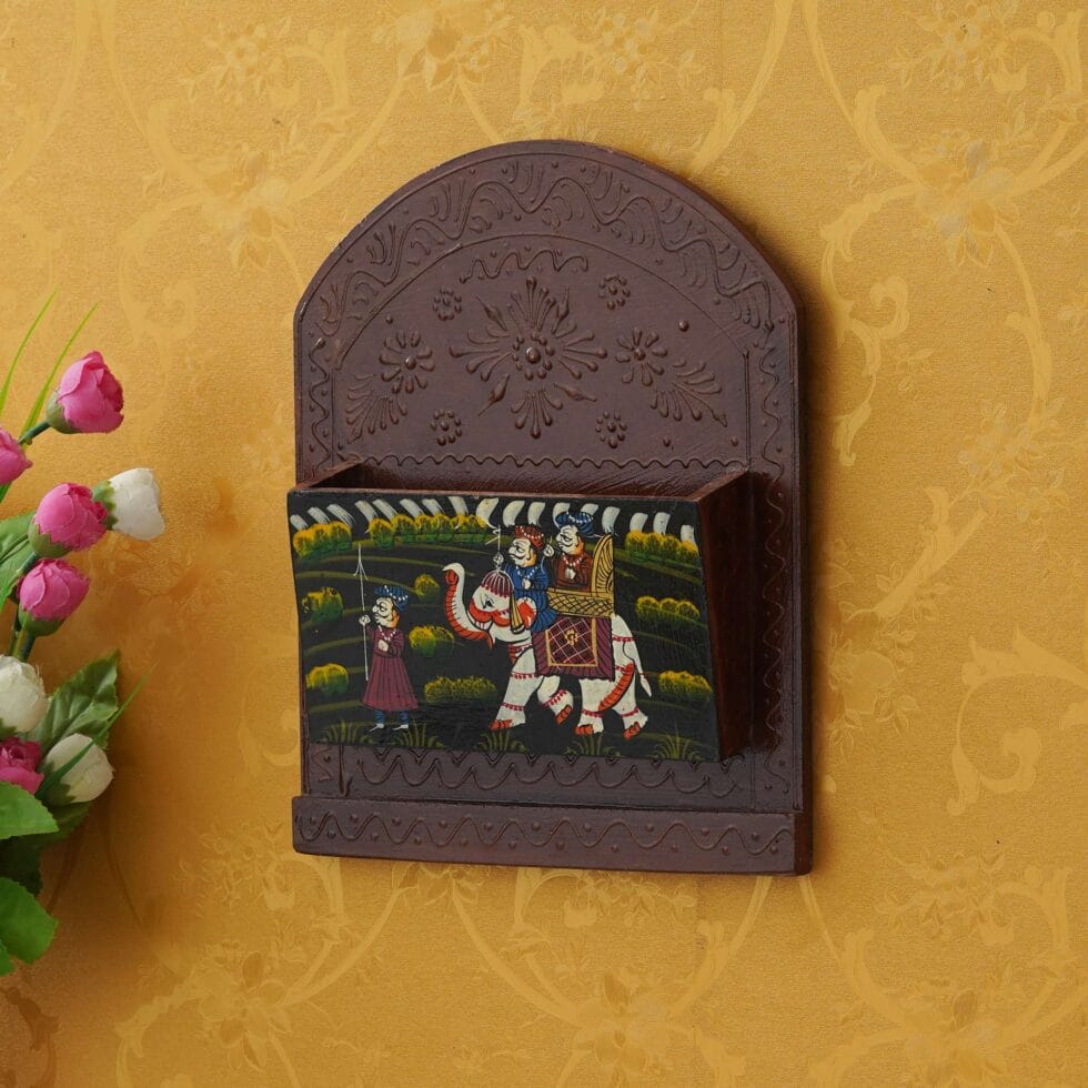 Hand-painted wooden wall letter holder with traditional Rajasthani artwork, perfect for organizing mail while adding ethnic charm to home décor.