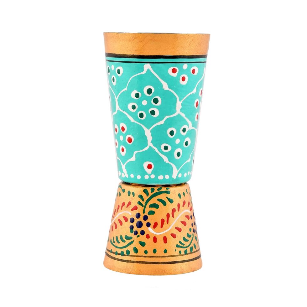 Decorative hand-painted aluminium cup in turquoise and orange, ethnic home decor