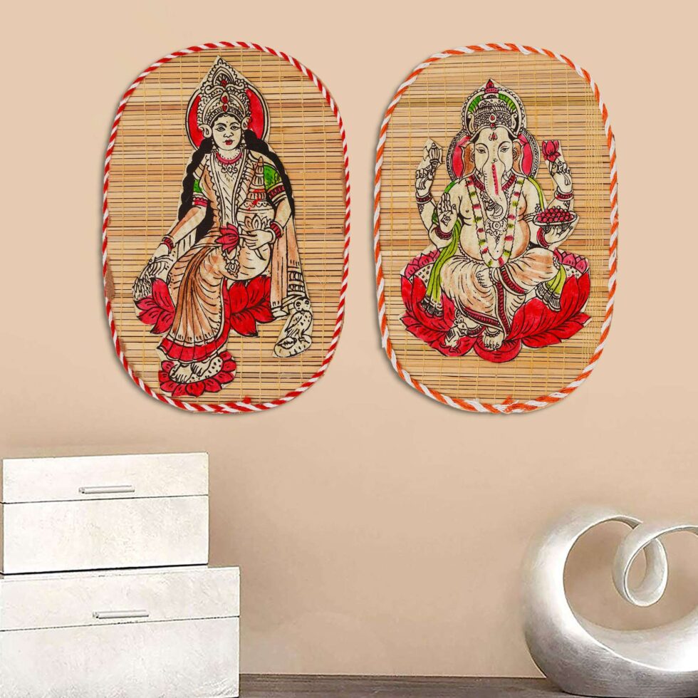 Handmade bamboo wall hanging set featuring Goddess Lakshmi and Lord Ganesha, traditional Diwali festive home decor