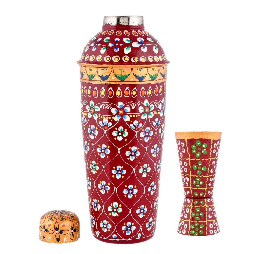 Hand-painted aluminium bar set with floral motifs – cocktail shaker and tumbler