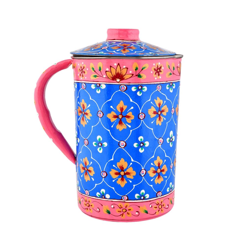 Handmade stainless steel jug with lid, decorated in vibrant blue and pink Indian artwork
