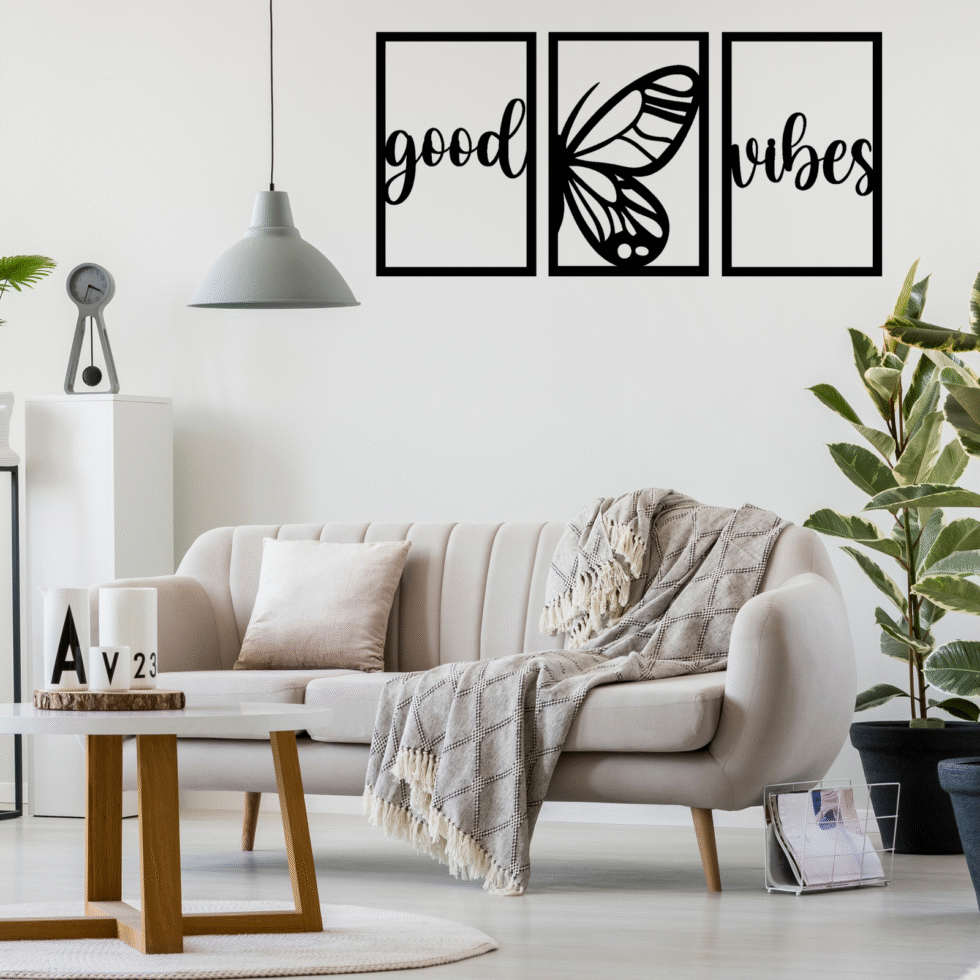 Good vibes butterfly metal wall art for modern home decor.