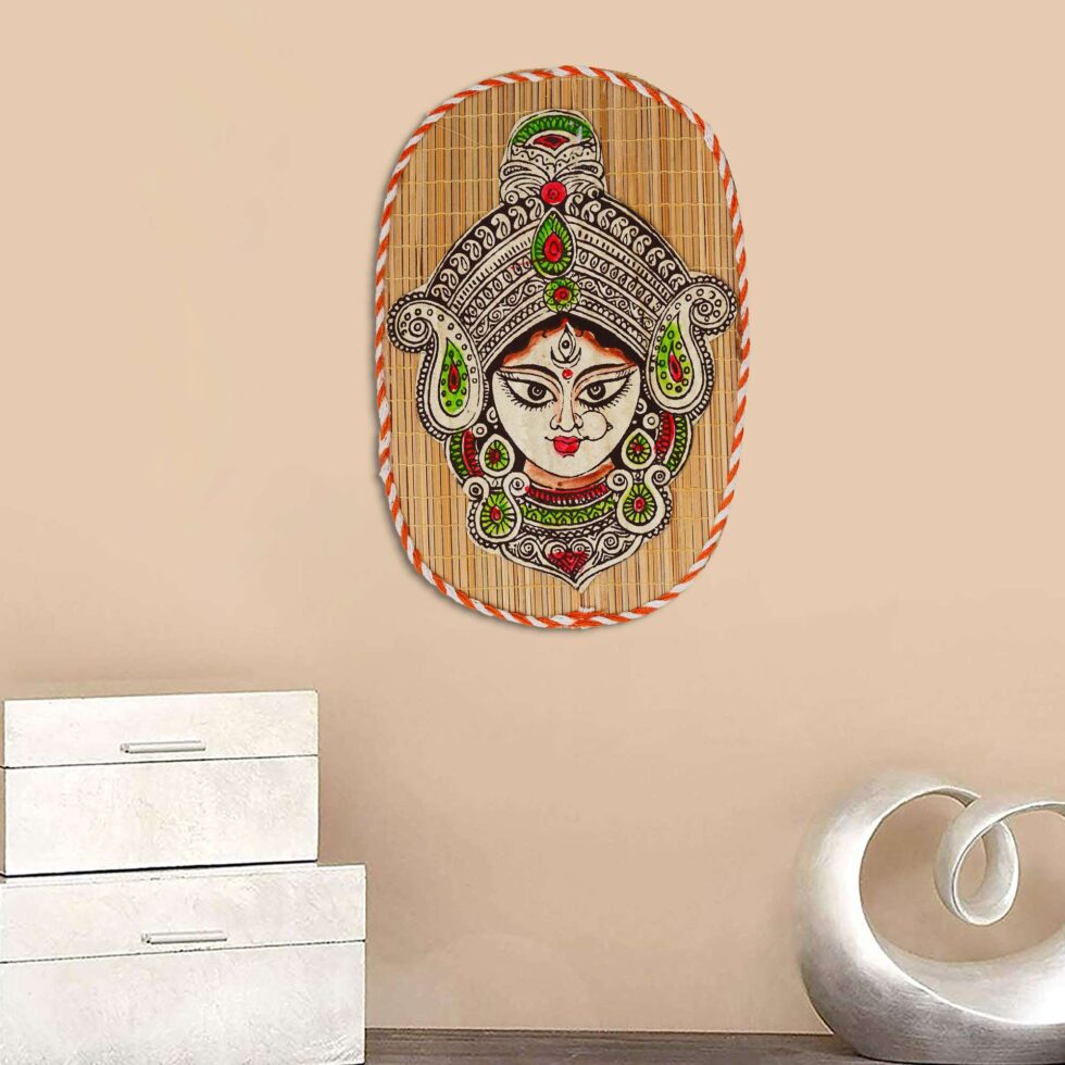 Ethnic bamboo wall art featuring Durga Maa face, perfect spiritual gift for Diwali festival